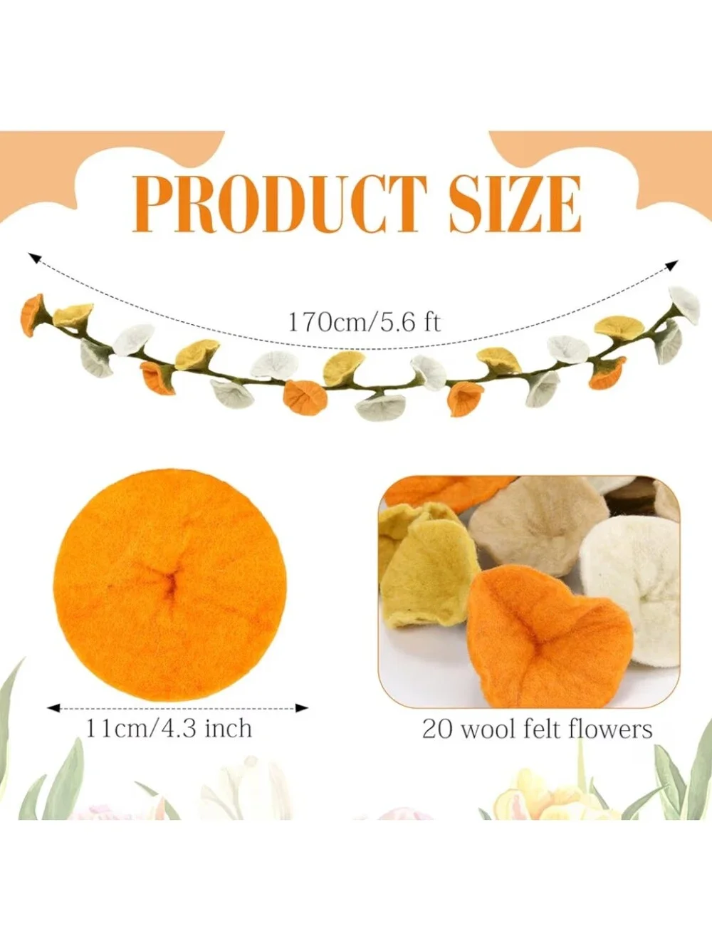 XunYee NWT 5.6ft Wool Felt Flower Garland Floral Banner Hand Felted Orange/Cream